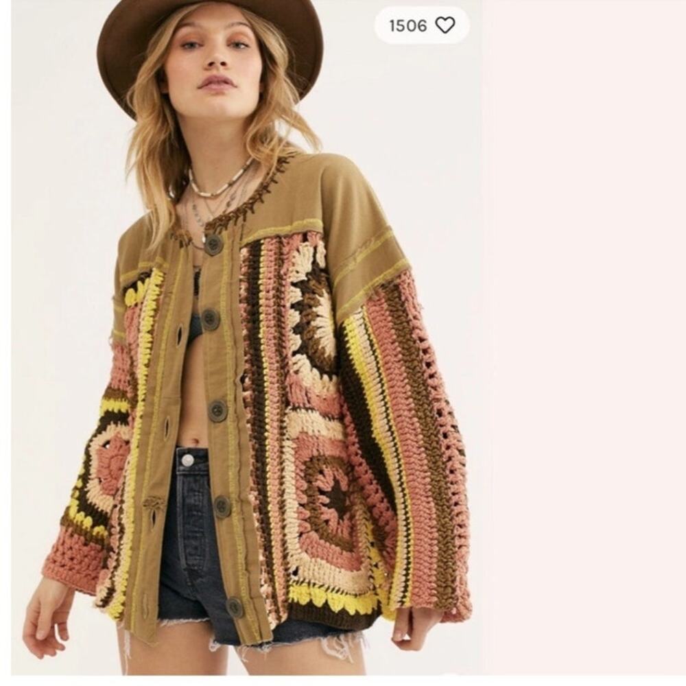 Free People Womens XS No Rain Crochet Sweater Jacket Boho Gypsy Festival
